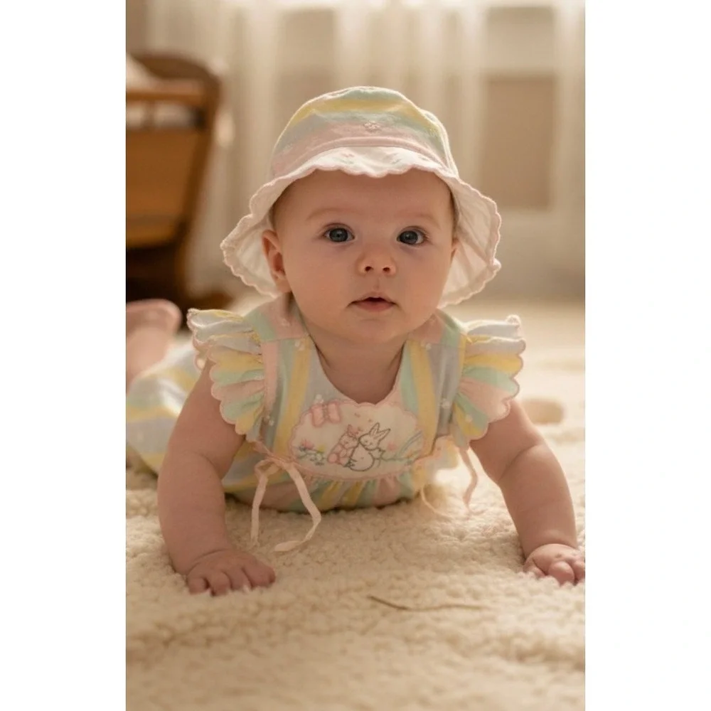 Baby Togs Vintage Bunny Bubble Romper & Bonnet Set Girls 3-6 M Easter vintage